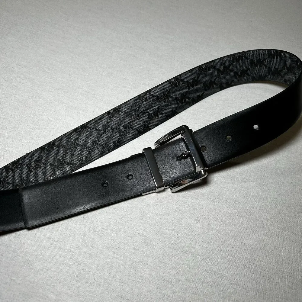Michael Kors reversible belt, black / gray logo, silver buckle, Size M (est)